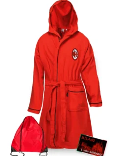 ACCAPPATOIO BAMBINO RAGAZZO ORIGINALE A.C. MILAN IN MICROSPUGNA ROSSO NERO con ZAINO PISCINA e cartolina MILANO è