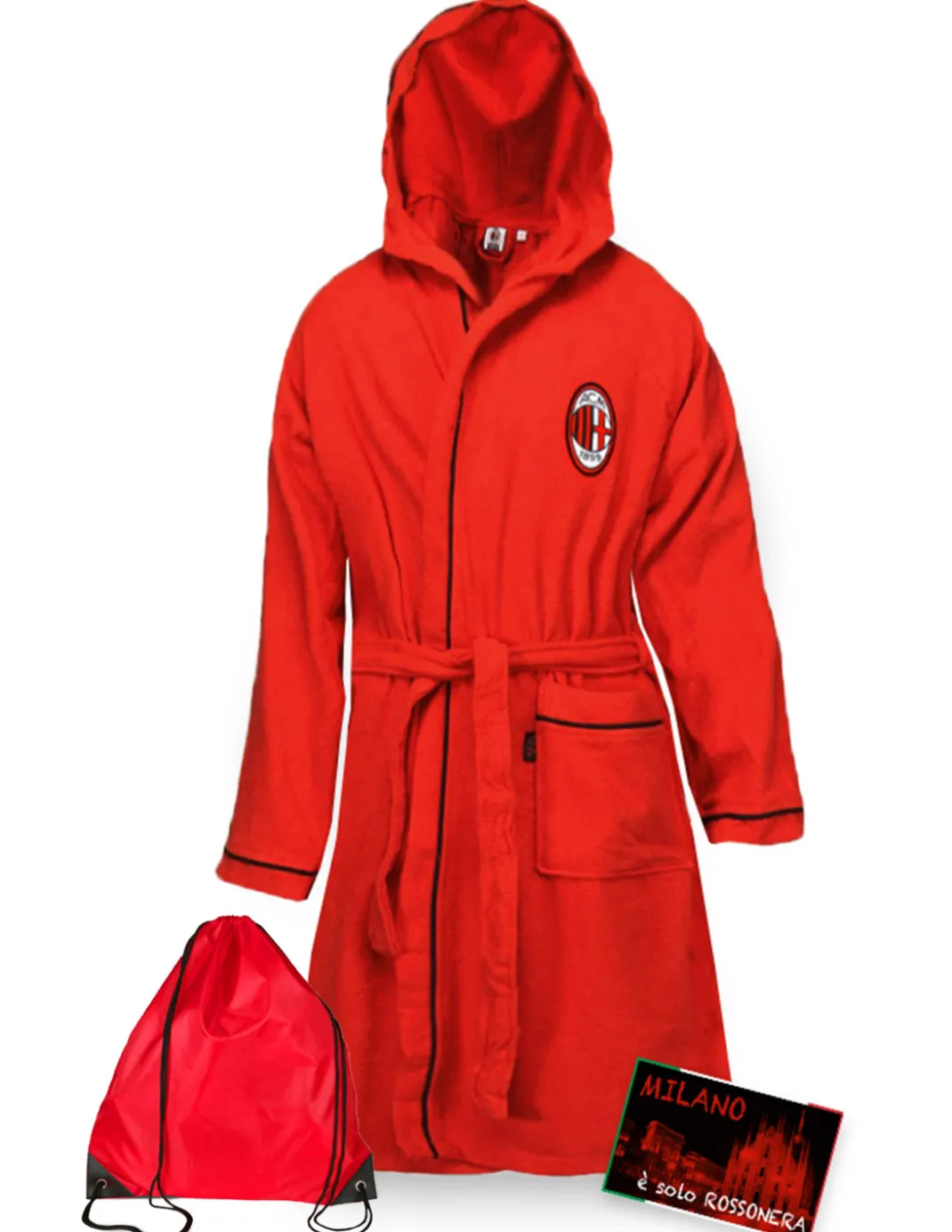 ACCAPPATOIO BAMBINO RAGAZZO ORIGINALE A.C. MILAN IN MICROSPUGNA ROSSO NERO con ZAINO PISCINA e cartolina MILANO è