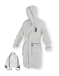 Accappatoio BAMBINO Ragazzo ORIGINALE Juve JUVENTUS In Microspugna BIANCO NERO Con Zaino PISCINA