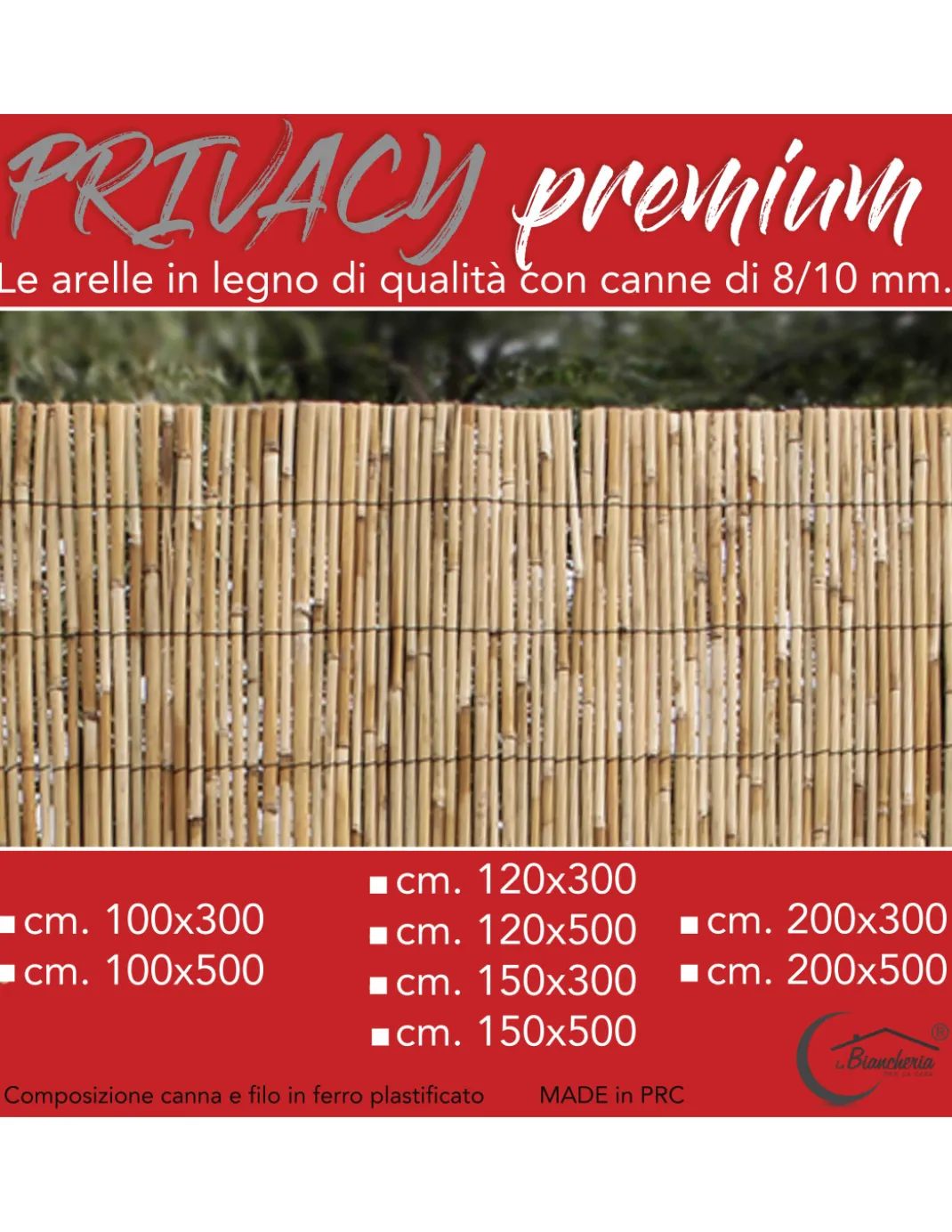 ARELLA PRIVACY Premium © in bamboo CANNICCIO arelle CANNE diametro fino a 1 cm. per RECINZIONE ombra in 8 MISURE