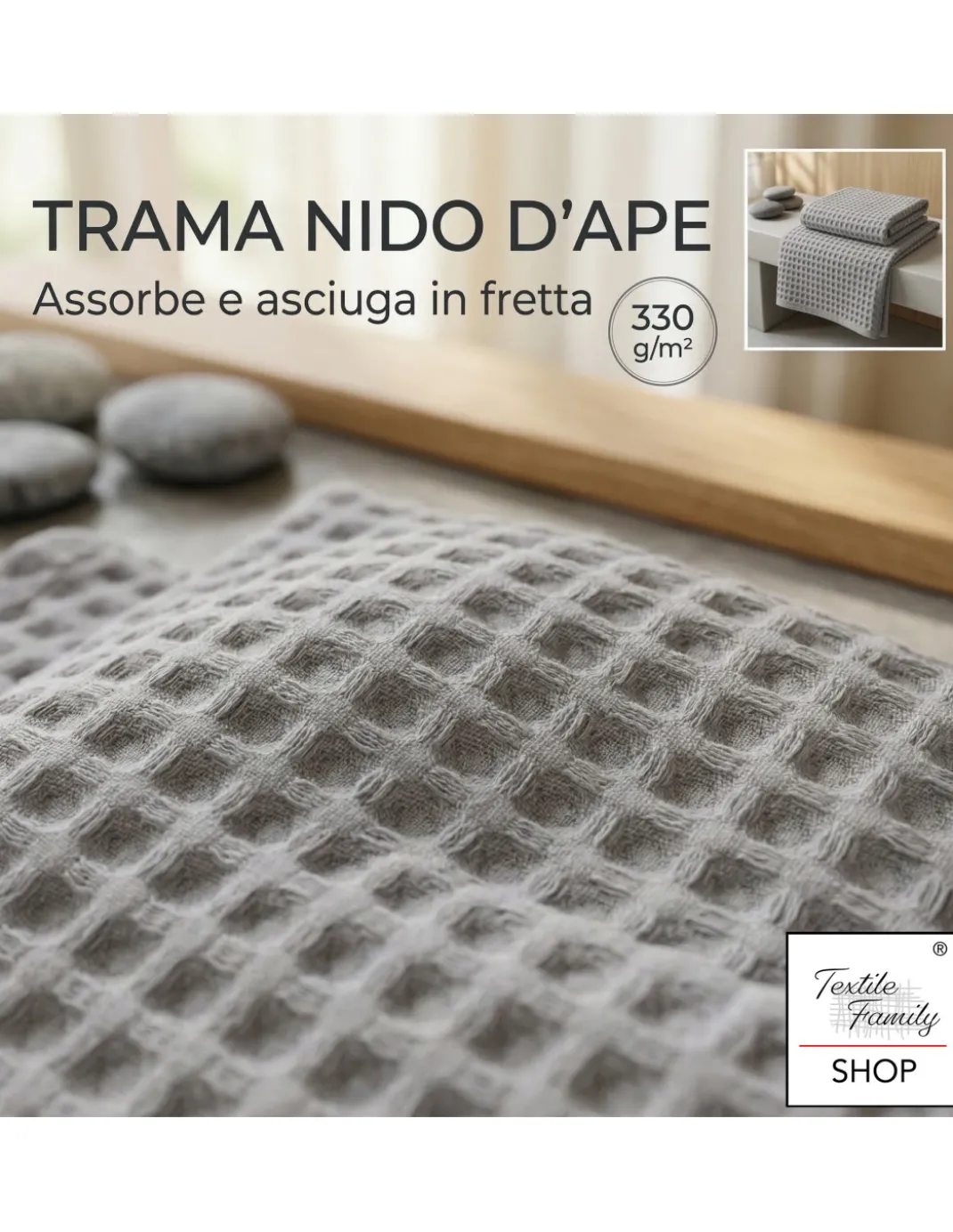 Asciugamani Nido d’Ape 100% Cotone 330 g/m² Made in Italy – Set 2 Pezzi (60x110 + 40x60) Tex Family – Grisaglia