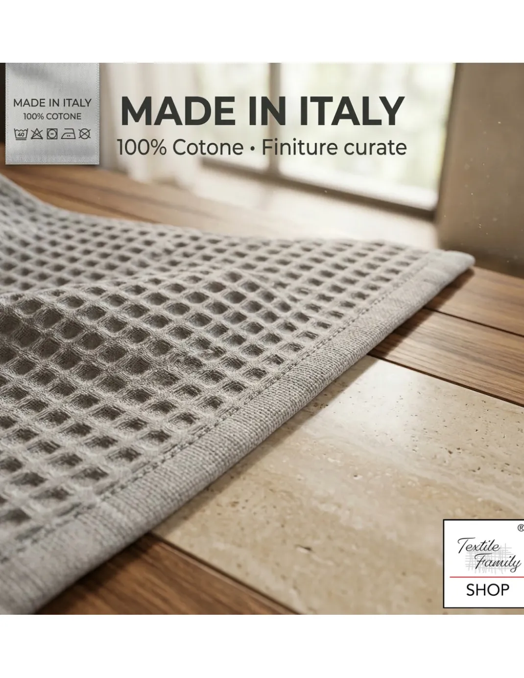 Asciugamani Nido d’Ape 100% Cotone 330 g/m² Made in Italy – Set 2 Pezzi (60x110 + 40x60) Tex Family – Taupe