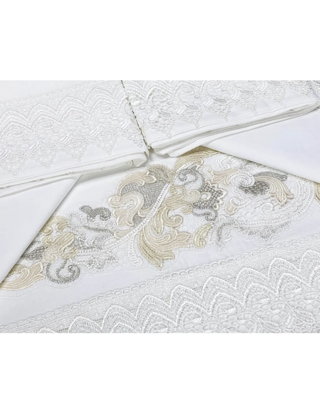 Bauletto Aurora – Completo Lenzuola Matrimoniali Puro Cotone & Copriletto con Pizzo Macramè Intarsiato – Made in Italy