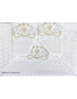 BAULETTO GRETA CON pizzo MACRAMÈ RICAMATO PANNA MATRIMONIALE lenzuolo E COPRILETTO IDEA SPOSA