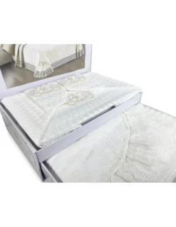 BAULETTO GRETA CON pizzo MACRAMÈ RICAMATO PANNA MATRIMONIALE lenzuolo E COPRILETTO IDEA SPOSA