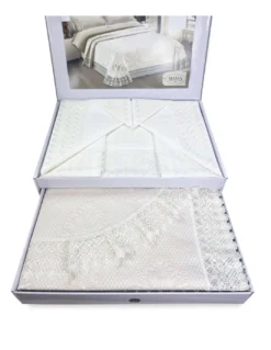 BAULETTO SUSY rifinito con Pizzo Macramè MATRIMONIALE lenzuolo e COPRILETTO idea SPOSA