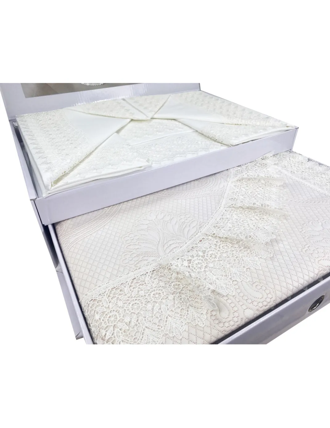 BAULETTO SUSY rifinito con Pizzo Macramè MATRIMONIALE lenzuolo e COPRILETTO idea SPOSA