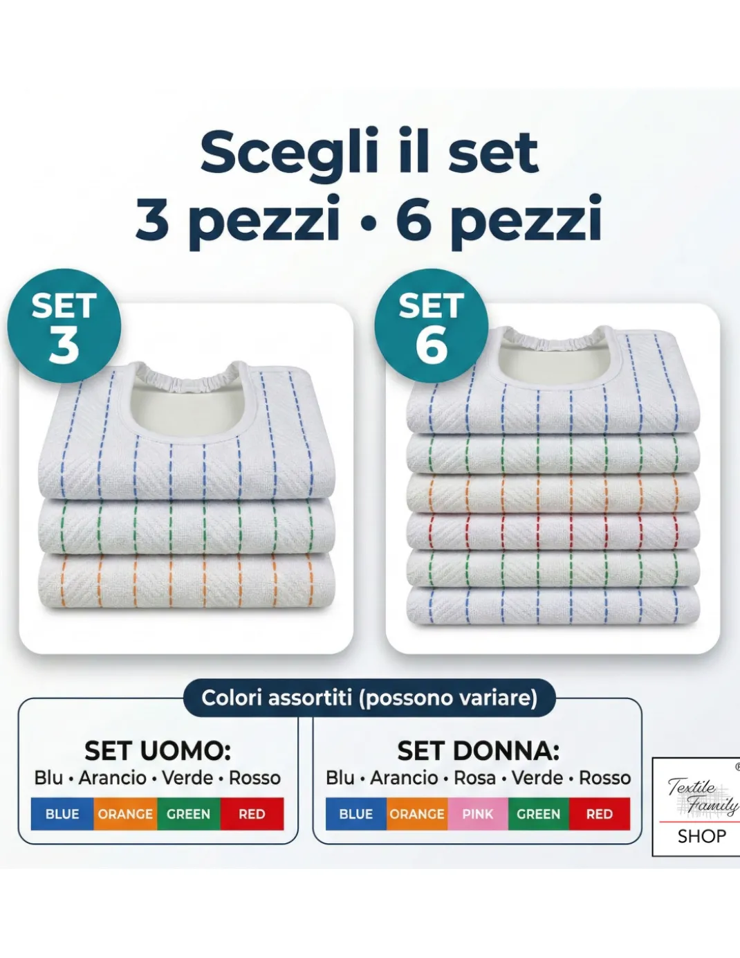 Bavaglione Adulto Cesare con Elastico 50x60 cm Tex Family – Set 3 o 6 Pezzi, Cotone Tinto in Filo, Made in Italy
