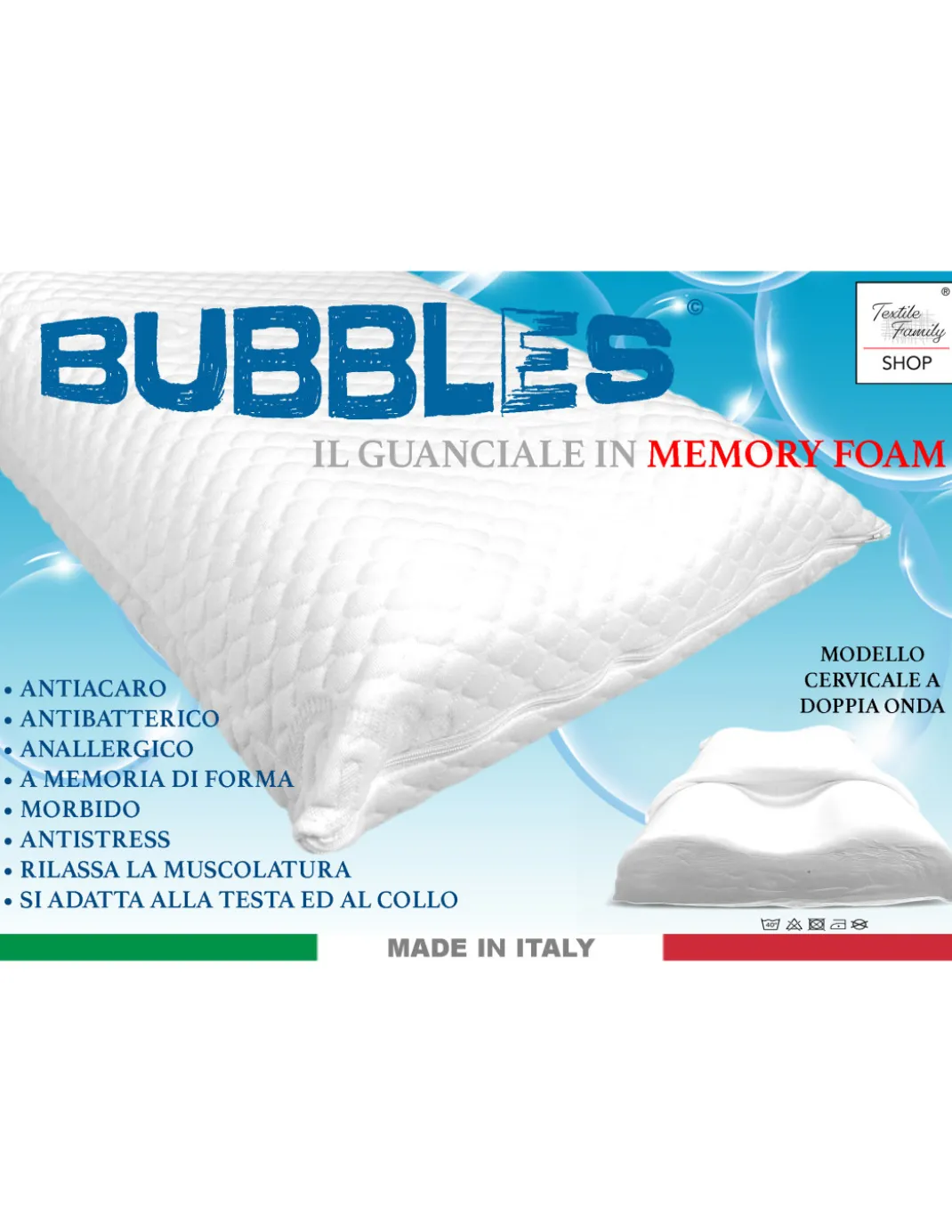 BUBBLES Cuscino Cervicale Memory Foam - Ortopedico, Antiacaro, Anallergico, Sfoderabile con Fodera Massaggiante, 75x45 cm
