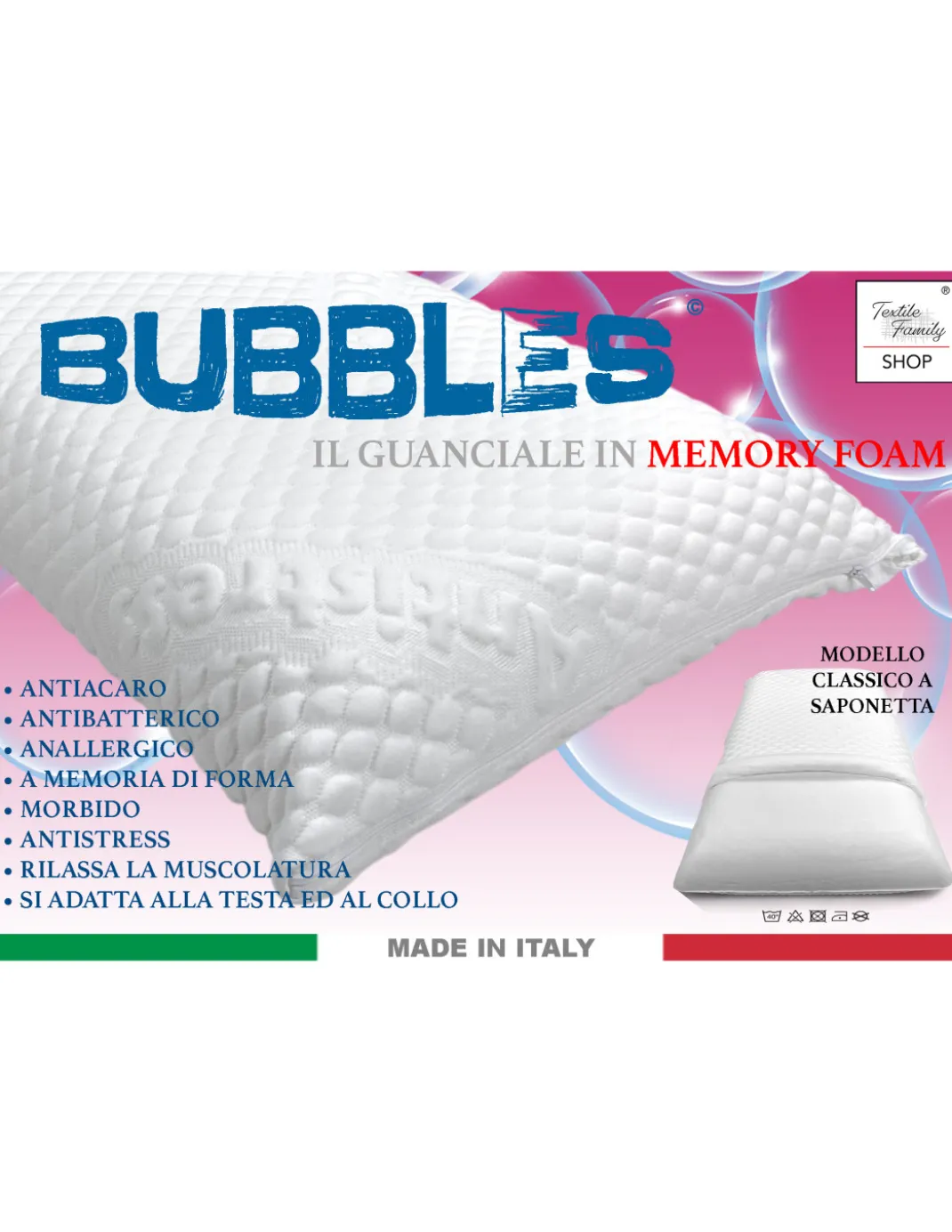 BUBBLES Cuscino Memory Foam Saponetta - Ortopedico, Antiacaro, Anallergico, Sfoderabile con Fodera Massaggiante, 75x45 cm