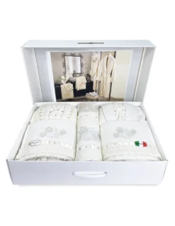 COMPLETO bagno CAORI Accappatoi IN SPUGNA ricamato CON PIZZO MACRAMÈ 8 Pezzi IDEA SPOSA