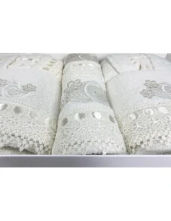 COMPLETO bagno CAORI Accappatoi IN SPUGNA ricamato CON PIZZO MACRAMÈ 8 Pezzi IDEA SPOSA