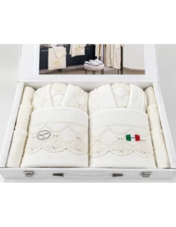Completo Bagno Sposi 13 Pezzi Puro Cotone con Bauletto Made in Italy