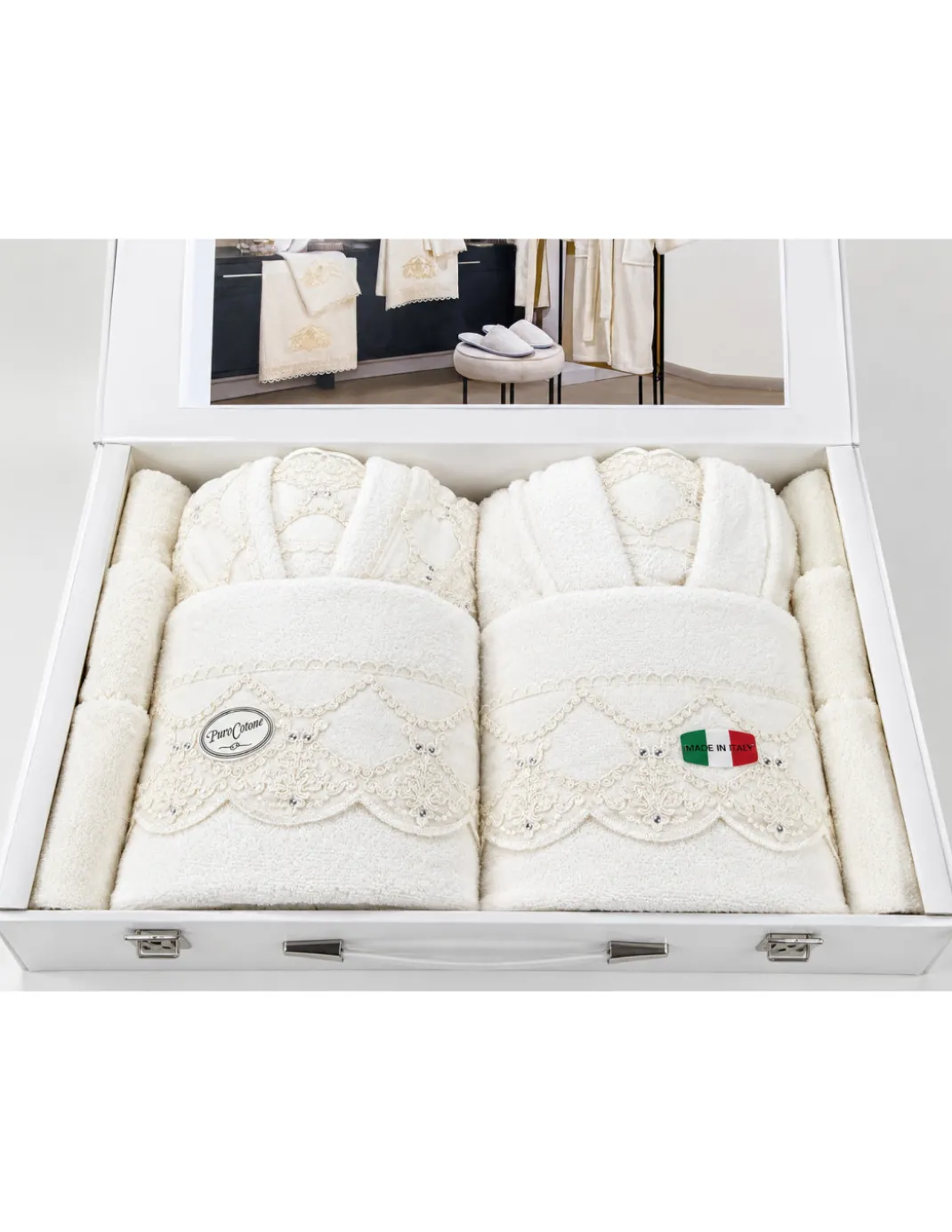 Completo Bagno Sposi 13 Pezzi Puro Cotone con Bauletto Made in Italy