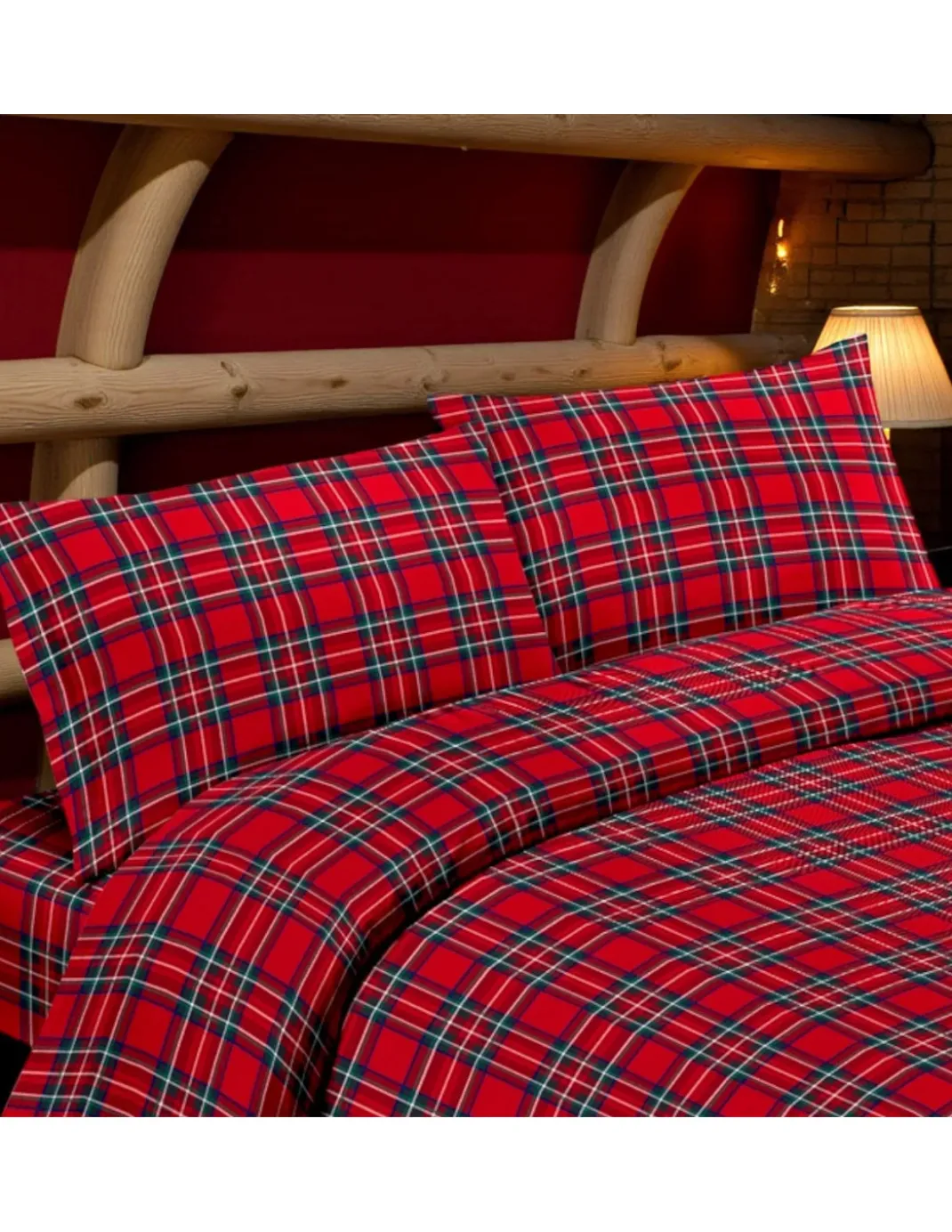 Completo Lenzuola Flanella Tartan Rosso - 100% Cotone Felpato - Caldo Invernale Made in Italy