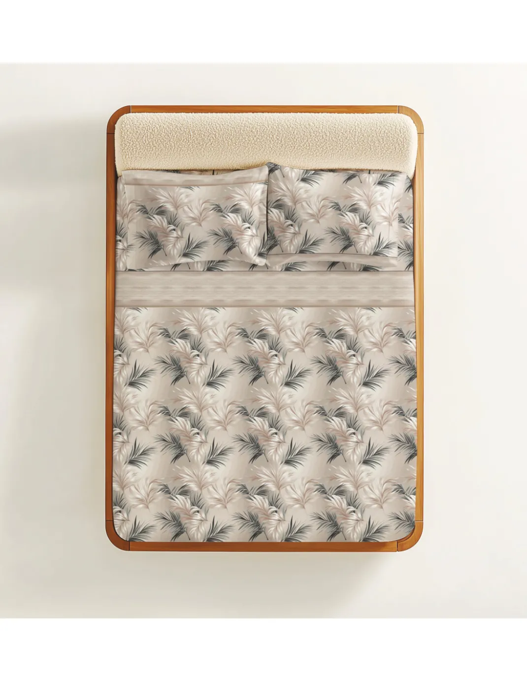 Completo Lenzuola Foglie Beige Sabbia - 100% Cotone - Stampa Naturale Elegante - Made in Italy, Traspirante