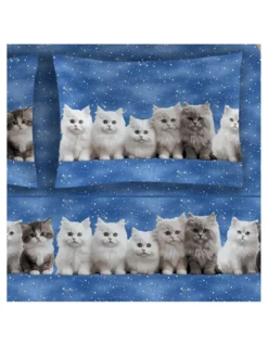 Completo Lenzuola Gattini Blu - Stampa Realistica Teneri Gatti - 100% Cotone - Made in Italy, Lavabile