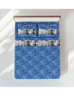 Completo Lenzuola Gattini Blu - Stampa Realistica Teneri Gatti - 100% Cotone - Made in Italy, Lavabile