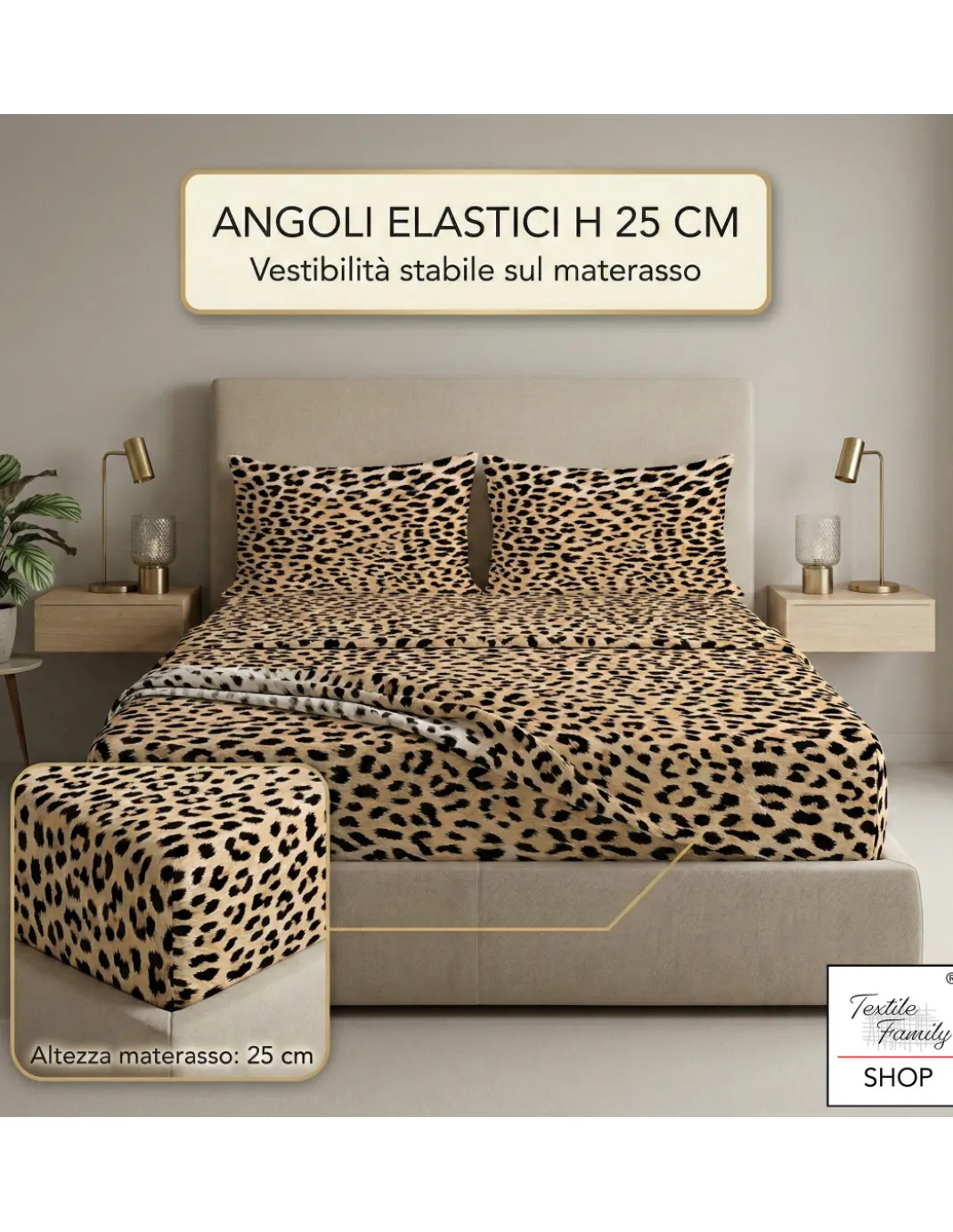 Completo Lenzuola Letto Safari Leopardato 100% Cotone Made in Italy – Sotto con Angoli H 25 cm