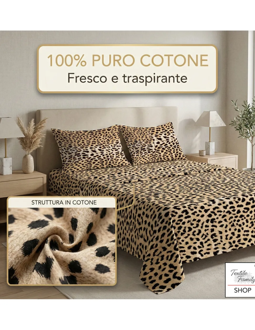 Completo Lenzuola Letto Safari Leopardato 100% Cotone Made in Italy – Sotto con Angoli H 25 cm