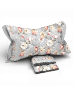 Completo Lenzuola Matrimoniale MAXI Fior di Perla Grigio 100% Cotone – Fantasia Floreale, Sotto con Angoli