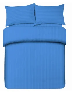Completo Lenzuola Matrimoniale in Microfibra, Azzurro, Rasatello Rigato, No Stiro, 2 Piazze