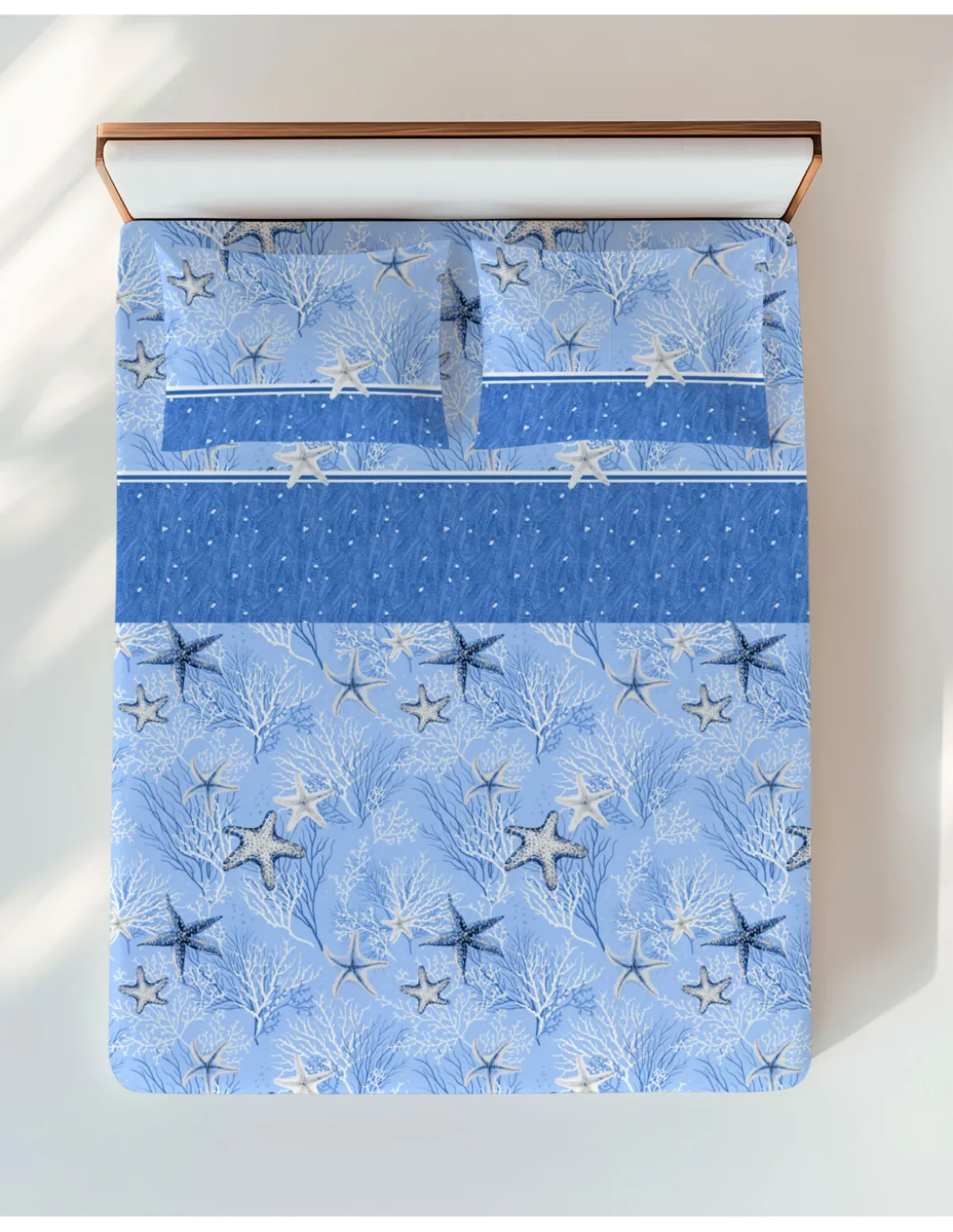 Completo Lenzuola Stelle Marine Blu – Motivo Coralli e Stelle – 100% Cotone – Made in Italy, Lavabile