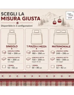Completo Lenzuola Tirolese Rush 100% Cotone Made in Italy con Sciatori, Cabinovie e Montagne