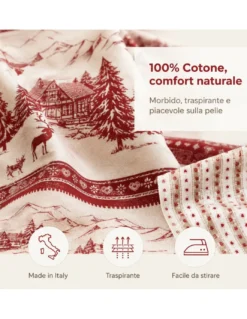 Completo Lenzuola Tirolese Rosso Chalet Valgardena - 100% Cotone Made in Italy - Cuori Cervi Baite Montagna