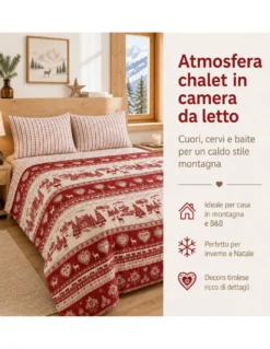 Completo Lenzuola Tirolese Rosso Chalet Valgardena - 100% Cotone Made in Italy - Cuori Cervi Baite Montagna