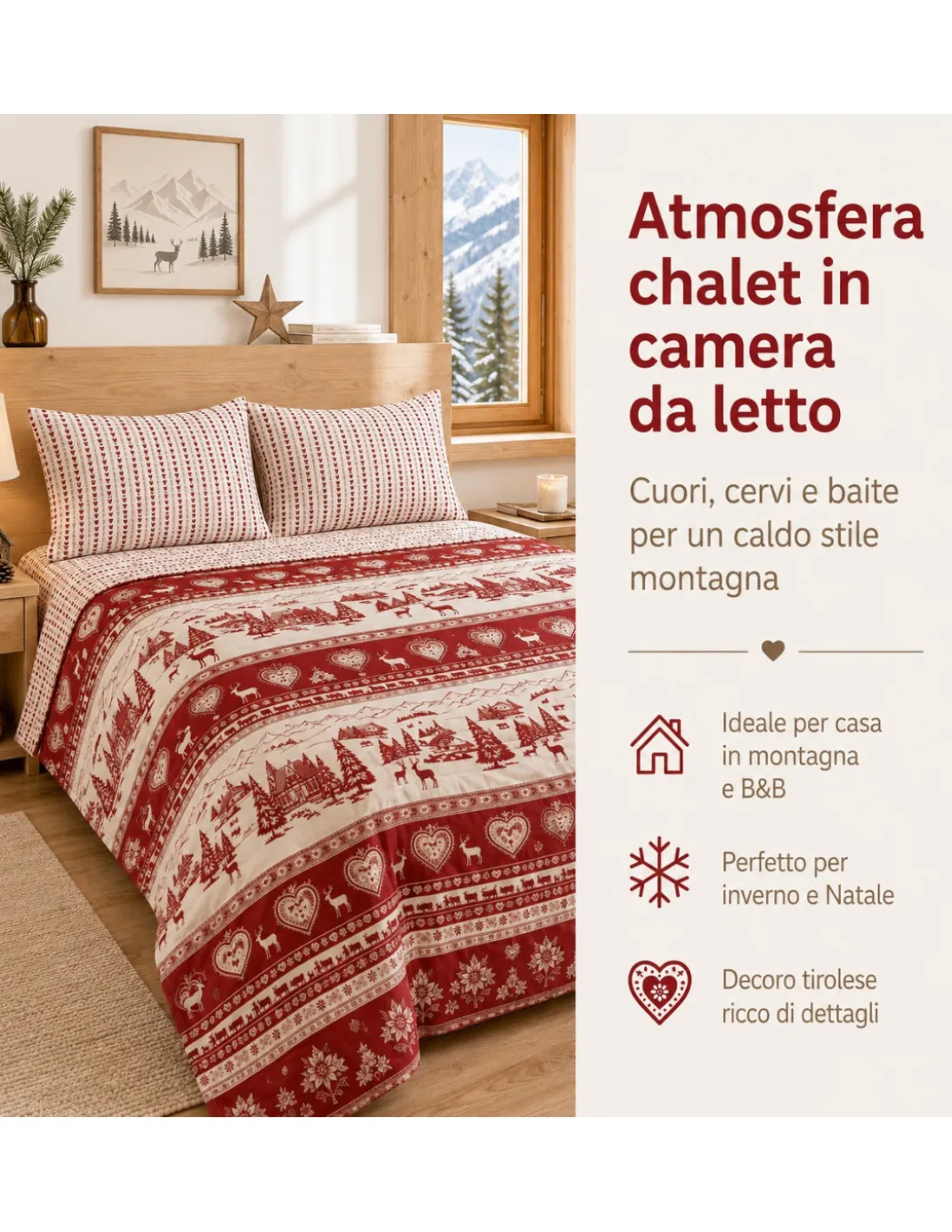 Completo Lenzuola Tirolese Rosso Chalet Valgardena - 100% Cotone Made in Italy - Cuori Cervi Baite Montagna