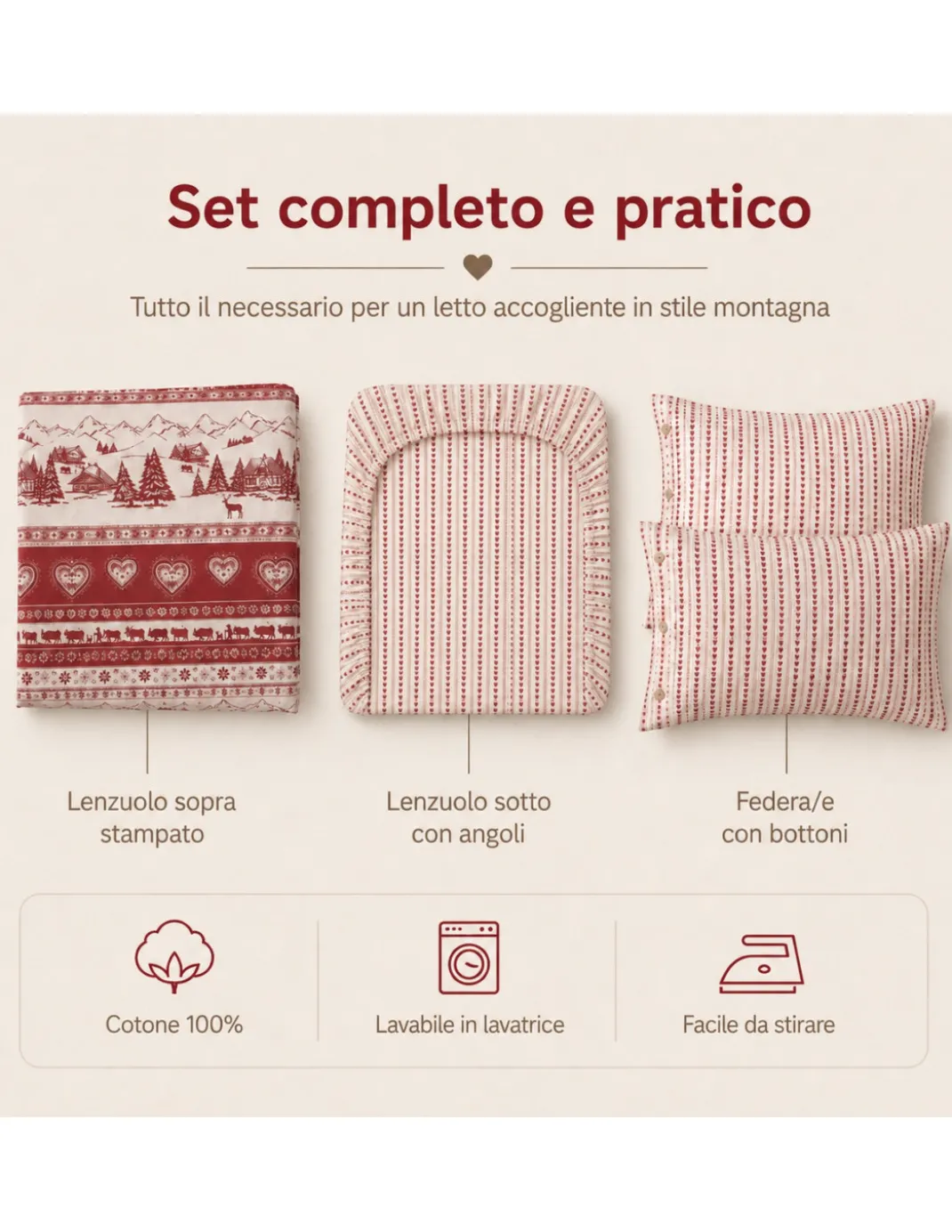 Completo Lenzuola Tirolese Rosso Chalet Valgardena - 100% Cotone Made in Italy - Cuori Cervi Baite Montagna
