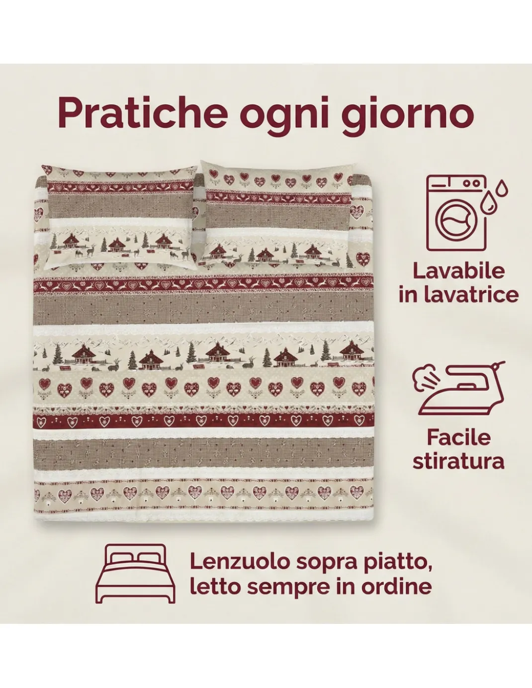 Completo Lenzuola Tirolese Valbadia - 100% Cotone Made in Italy - Stile Montagna Cervi e Baite