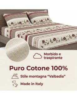 Completo Lenzuola Tirolese Valbadia - 100% Cotone Made in Italy - Stile Montagna Cervi e Baite