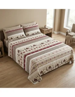 Completo Lenzuola Tirolese Valbadia - 100% Cotone Made in Italy - Stile Montagna Cervi e Baite