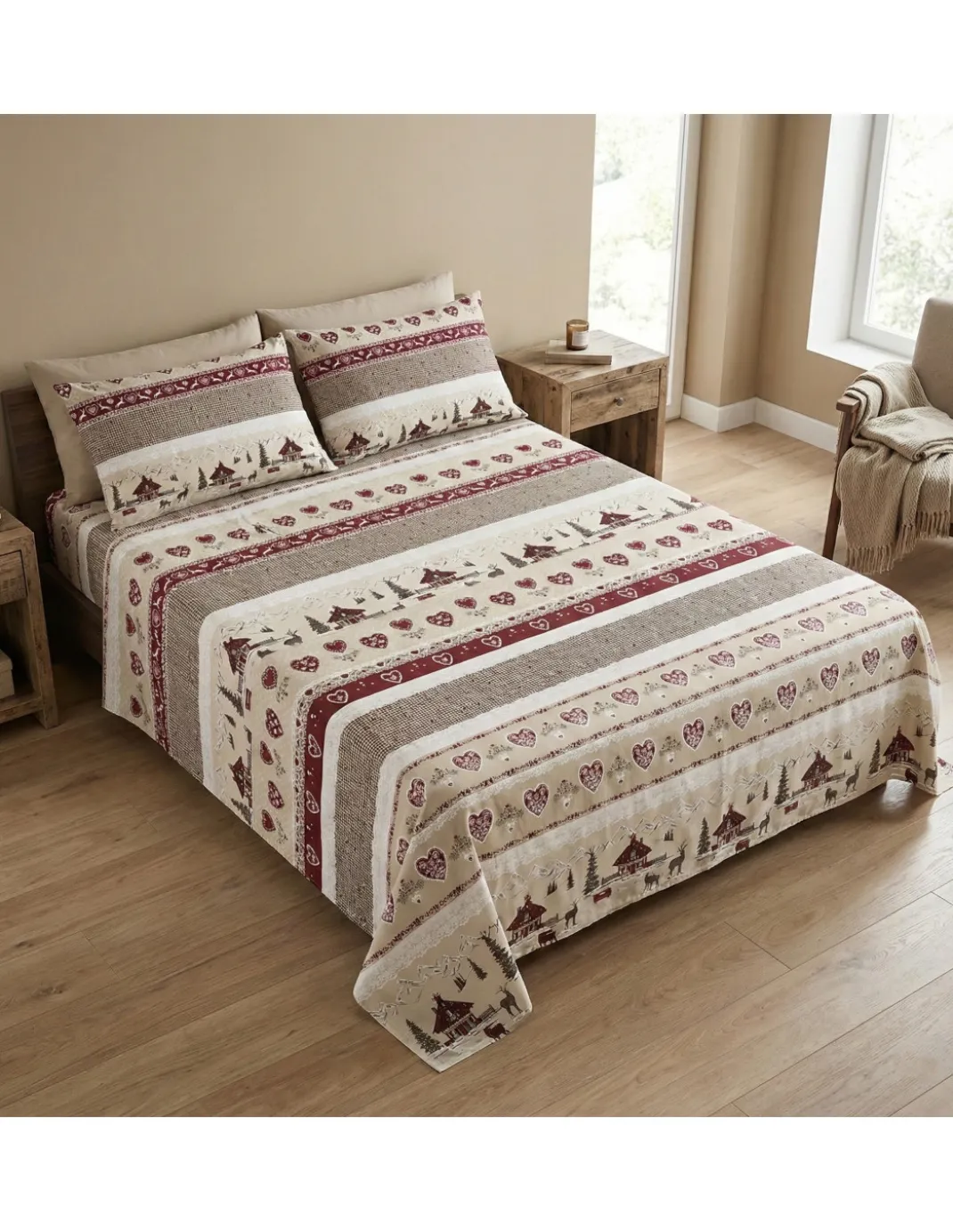 Completo Lenzuola Tirolese Valbadia - 100% Cotone Made in Italy - Stile Montagna Cervi e Baite