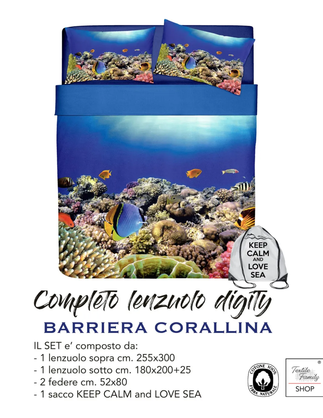 COMPLETO LENZUOLO COPRILETTO stampa DIGITALE COPRILETTO BARRIERA CORALLINA con sacco KEEP MATRIMONIALE 2 piazze