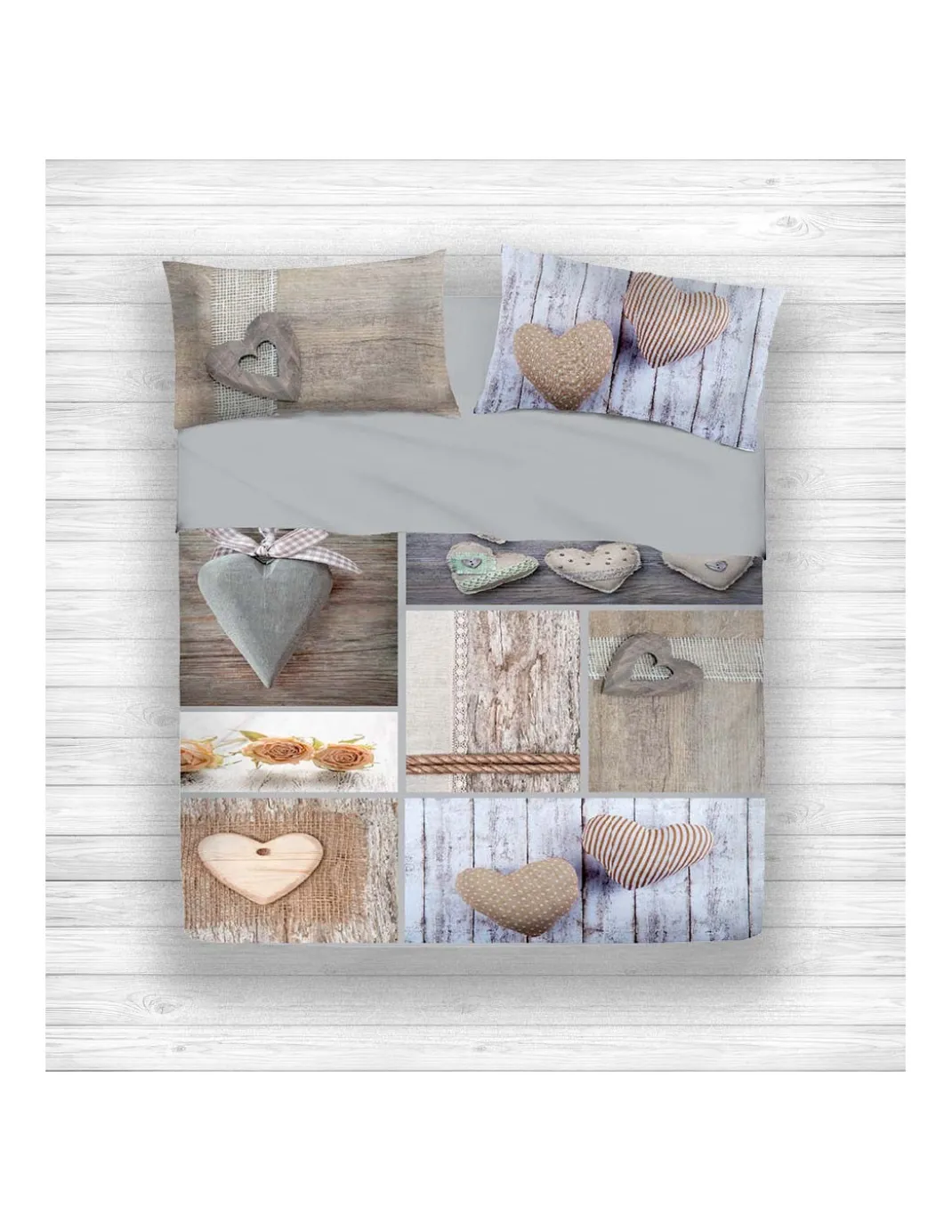 COMPLETO LENZUOLO DIGITALE LENZUOLA JOY COPRILETTO SHABBY CUORE BEIGE DIS.5