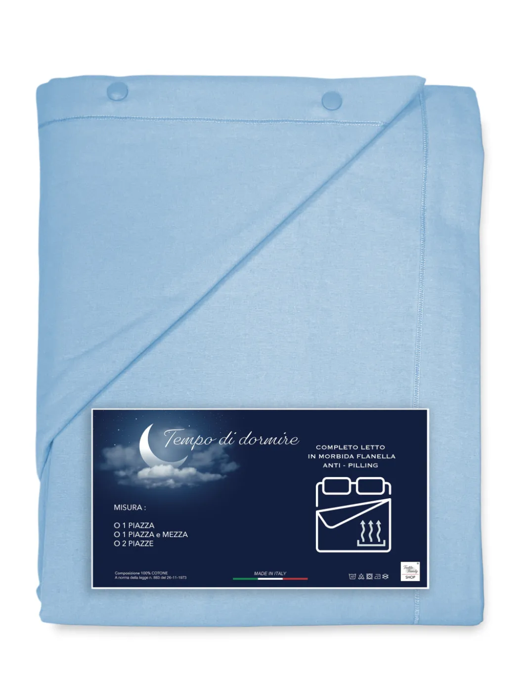Completo Lenzuolo Invernale Flanella Tinta Unita Azzurro โ 100% Cotone Felpato, Anti-Pilling, Caldo & Morbido, Made in Italy