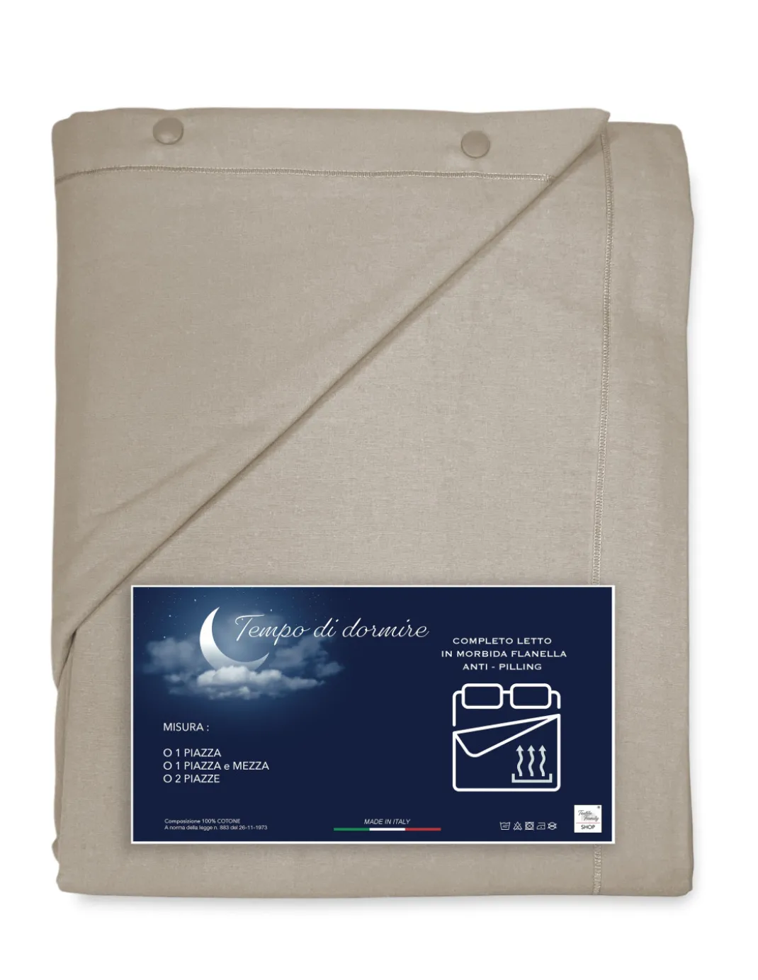 Completo Lenzuolo Invernale Flanella Tinta Unita Tortora โ 100% Cotone Felpato, Anti-Pilling, Caldo & Morbido, Made in Italy