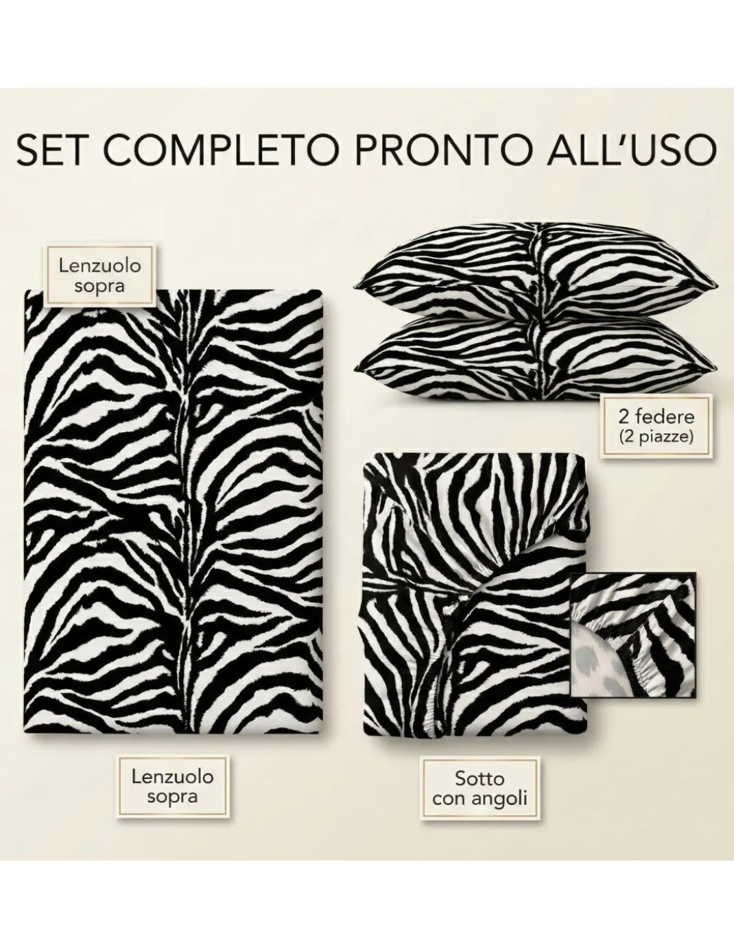 Completo LENZUOLO Lenzuola ZEBRATO Bianco e Nero SEXI in Puro cotone Made in Italy