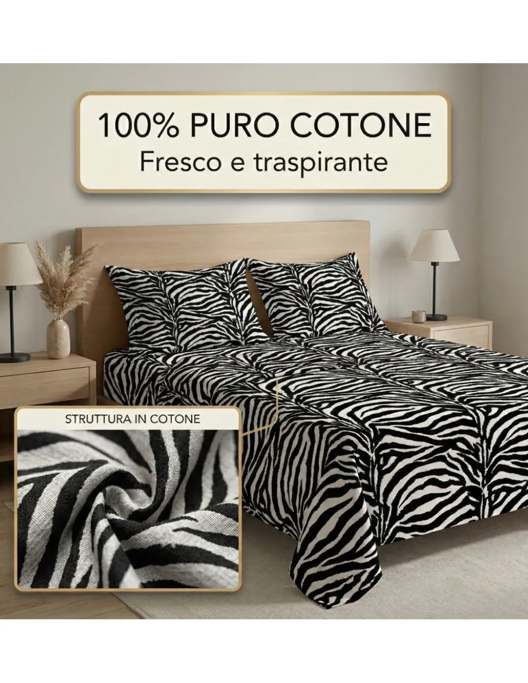 Completo LENZUOLO Lenzuola ZEBRATO Bianco e Nero SEXI in Puro cotone Made in Italy