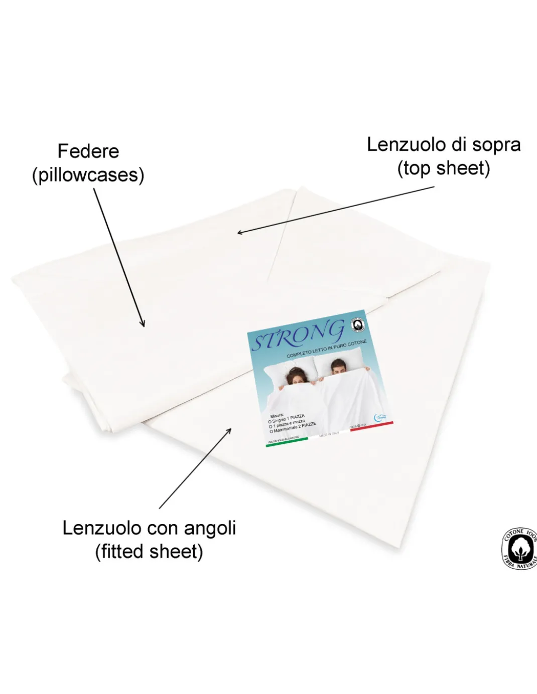COMPLETO lenzuolo STRONG LENZUOLA tinta unita BIANCO puro COTONE Made in Italy