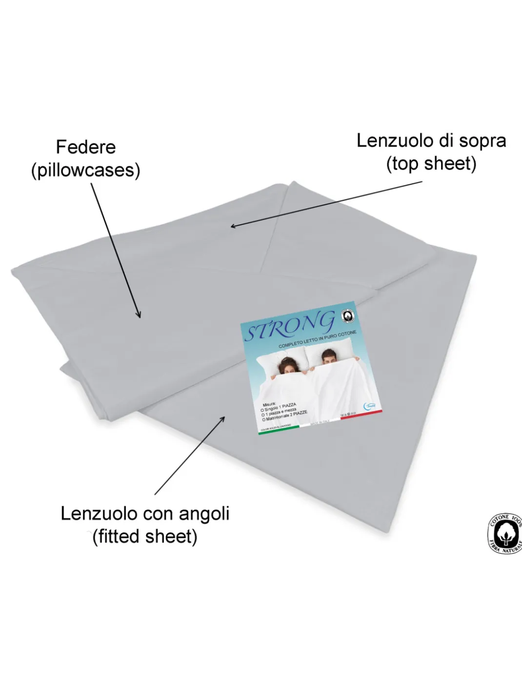 COMPLETO lenzuolo STRONG LENZUOLA tinta unita GRIGIO puro COTONE Made in Italy