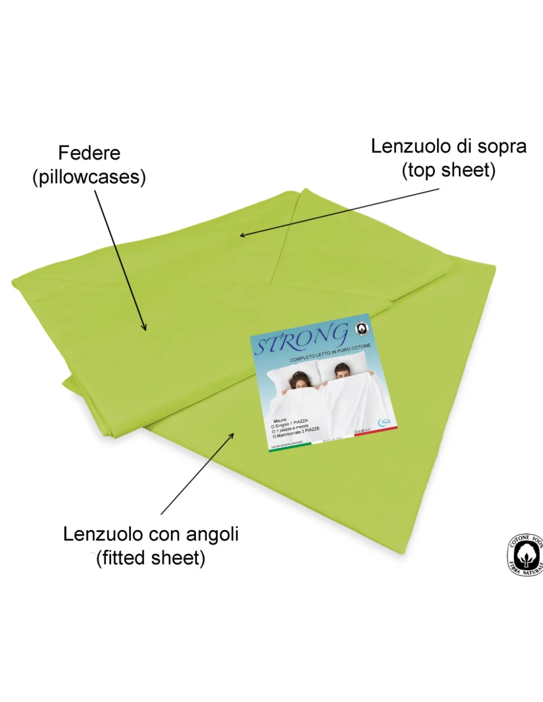 COMPLETO lenzuolo STRONG LENZUOLA tinta unita VERDE ACIDO puro COTONE Made in Italy
