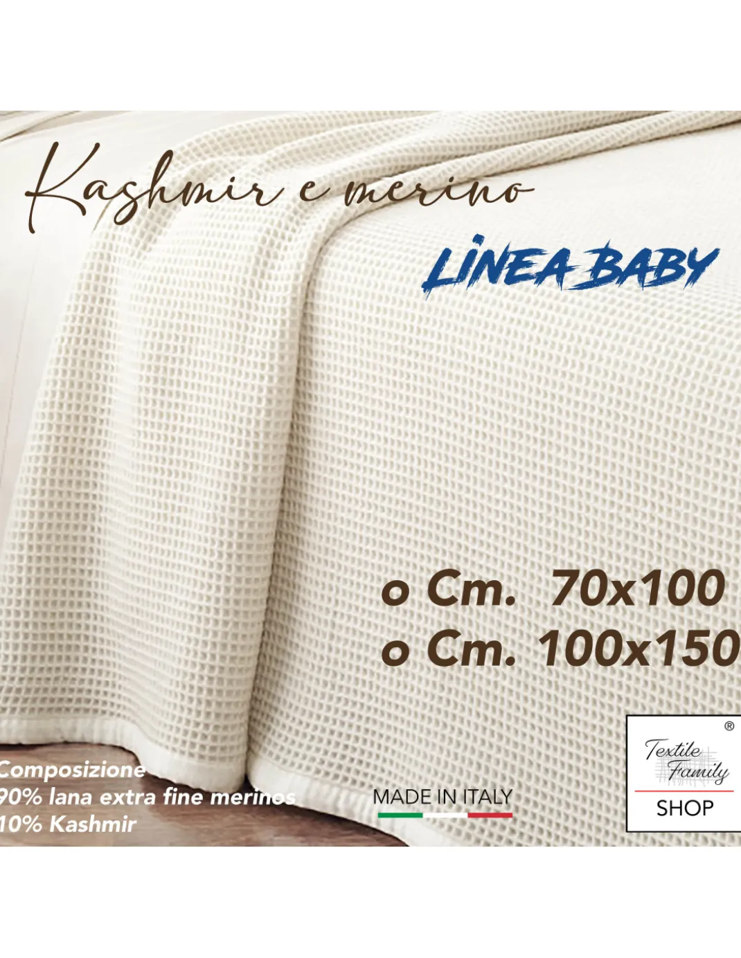 Coperta baby lana Merino & Kashmir nido d’ape – anti-pilling, Made in Italy, per culla navicella carrozzina lettino