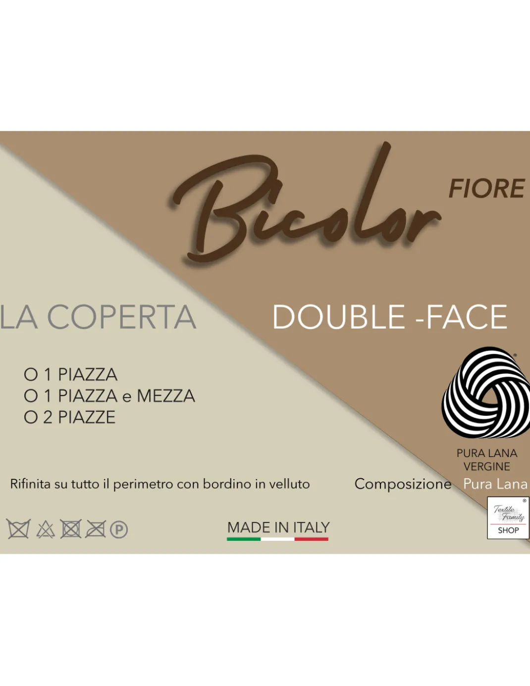 Coperta bicolor Fiore in pura lana vergine marchiata, doppia faccia, nocciola chiaro/scuro, Made in Italy
