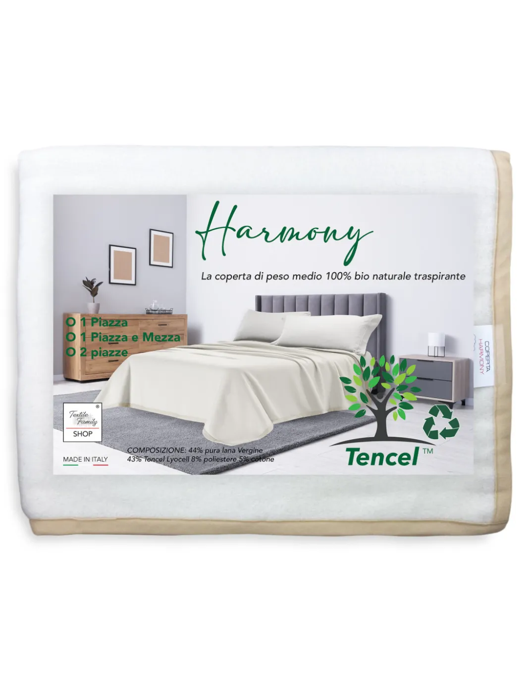 COPERTA HARMONY Peso Medio in PURA LANA VERGINE E TENCEL estratto da Eucalipto e Faggio