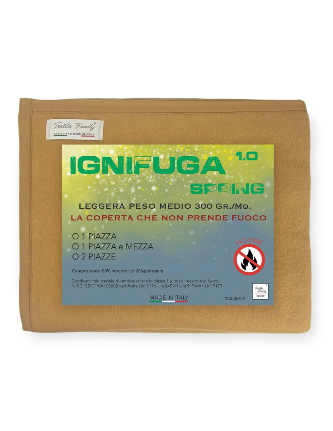 COPERTA IGNIFUGA SPRING antifiamma Peso Medio 1.0 ANTIFUOCO CLASSE 1 omologata MADE in ITALY Nocciola