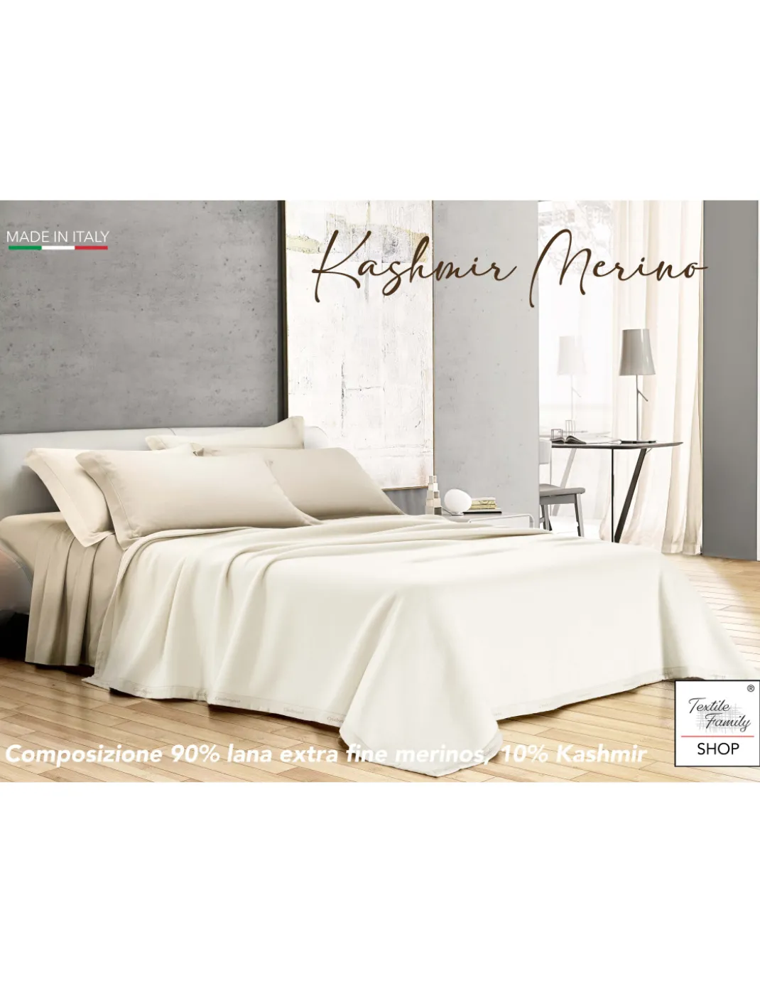 COPERTA IN LANA INVERNALE KASHMIR MERINO MATRIMONIALE 2 PIAZZE PANNA